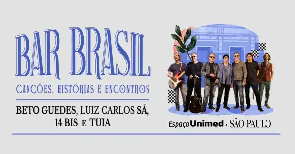 Musicians Beto Guedes, Luiz Carlos Sá, 14 Bis, and Tuia performing at Bar Brasil in São Paulo.