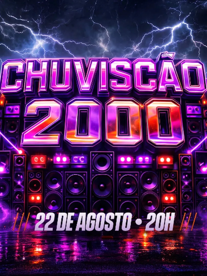 Palco de festa em São Paulo com o logotipo "Chuviscão 2000: Pagode do Chuvisco & Funk" em destaque.