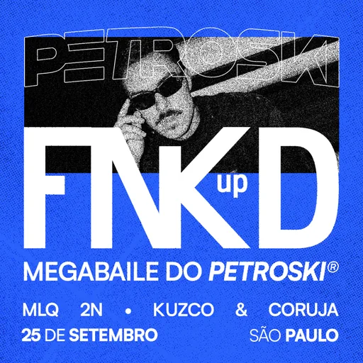 Cena noturna do Mega Baile do Petroski em SP, com multidão dançando e iluminação vibrante no evento Fnkd Up.