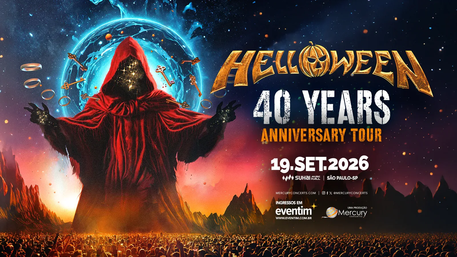 Crowd of fans at a Helloween concert in São Paulo, with stage lights and performers visible in the background.