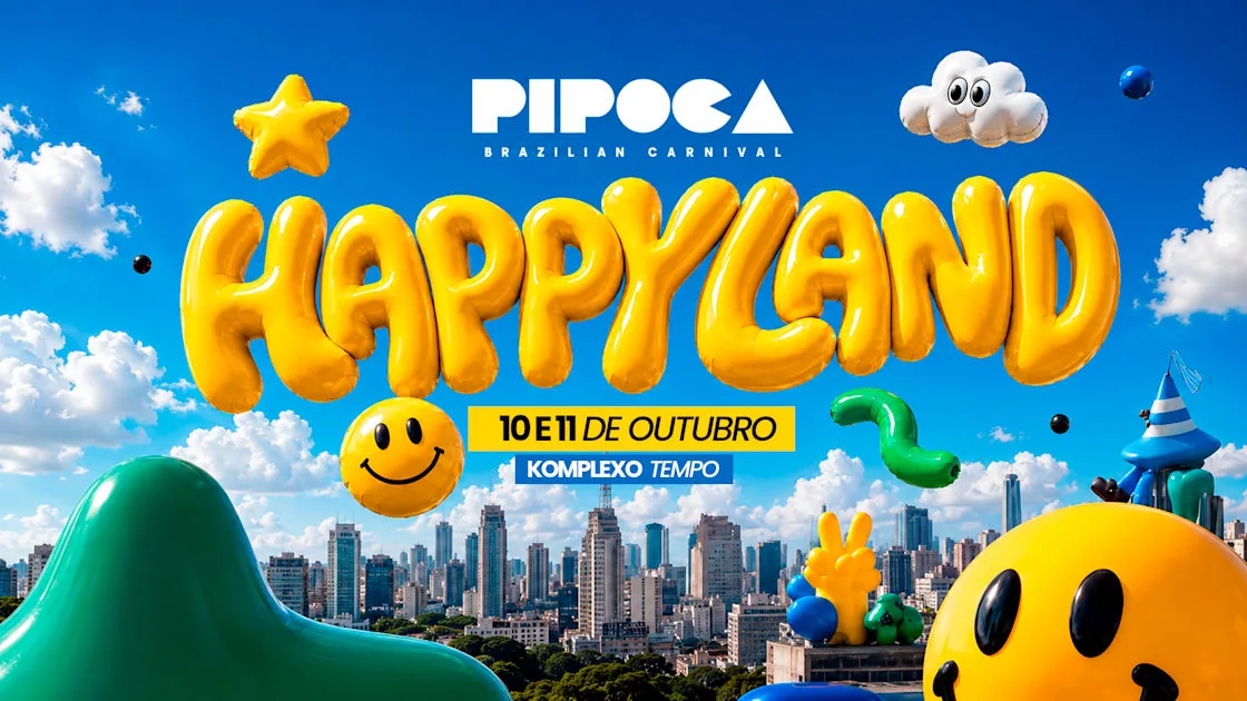 Vista noturna da fachada iluminada do cinema Happyland em São Paulo, com destaque para um letreiro luminoso gigante de pipoca.