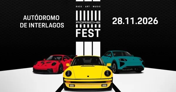 Carros Porsche expostos em evento ao ar livre no Porsche Fest 2026, em São Paulo.